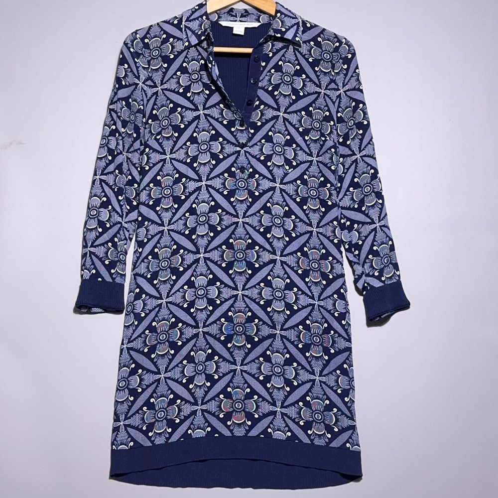 Diane von Furstenberg Floral Print Dress Womens Size Petite‎ Silk Blend Blue
